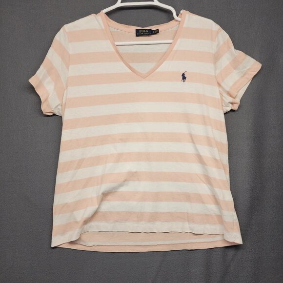 Polo Ralph Lauren Top Women XL Pink Stripe Short Sleeve V Neck Casual Preppy - Picture 1 of 10